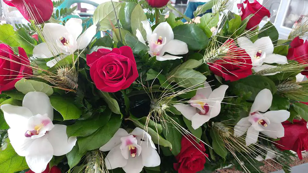 orchidee e rose rosse